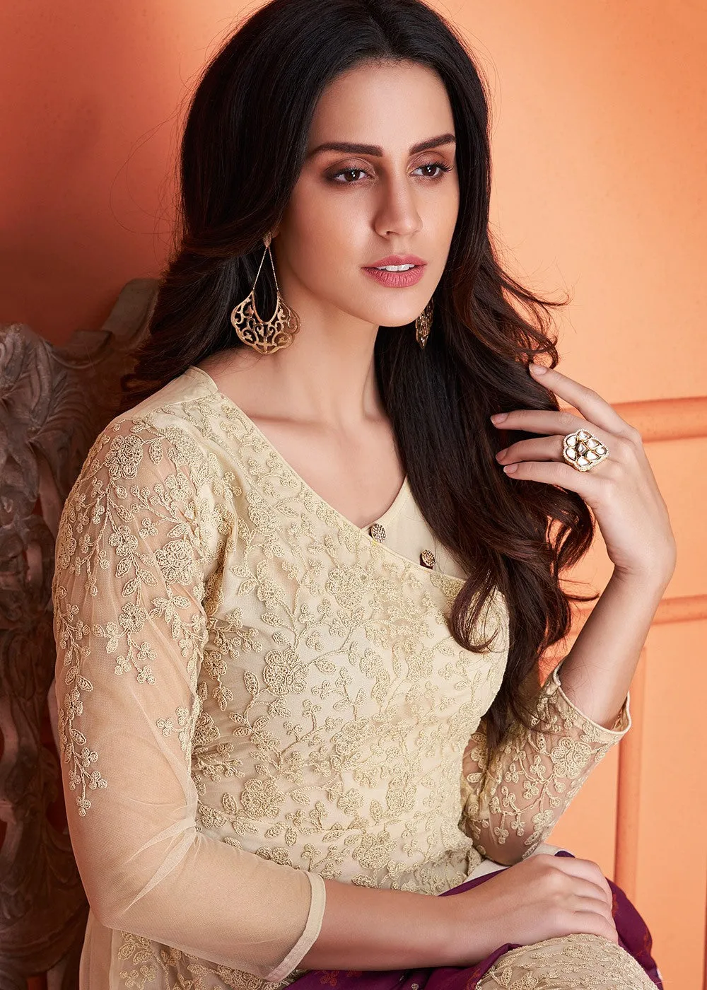 Beige And Maroon Floral Embroidered Palazzo Suit