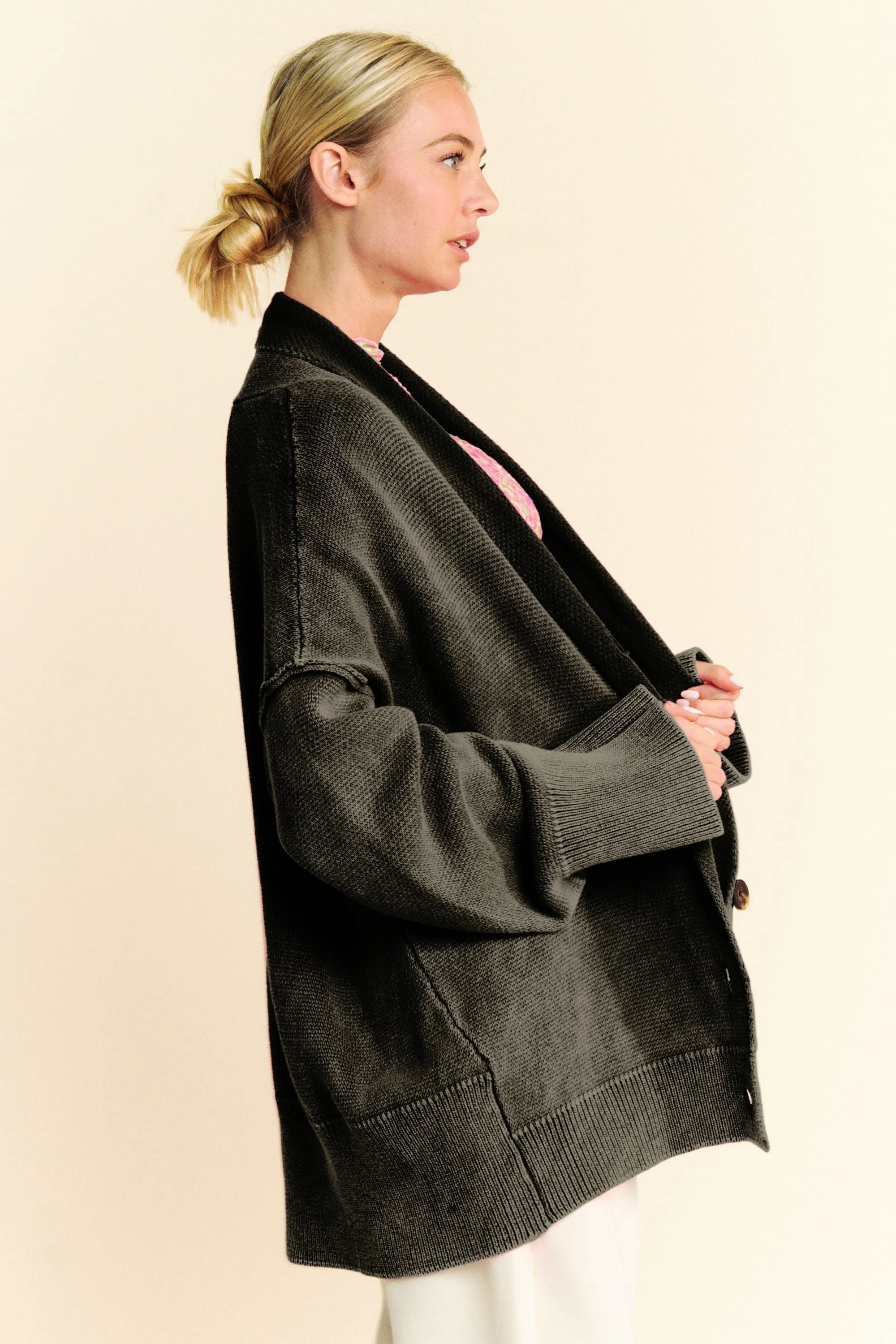 Davi & Dani Shawl Collar Ribbed Detail Button Up Cardigan