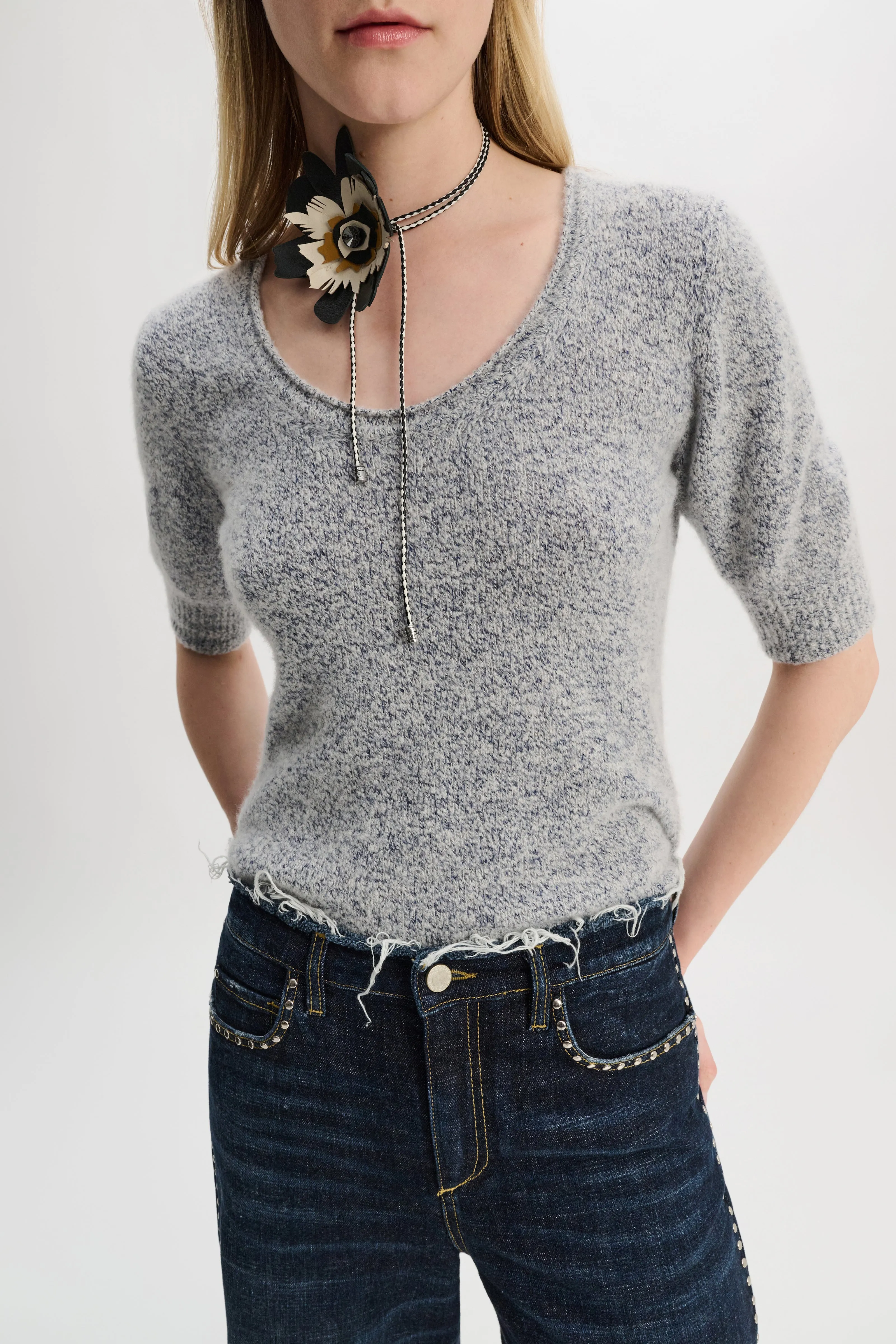 Dorothee Schumacher Cashmere Blend Short Sleeve Knit Top in Blue and White Melange