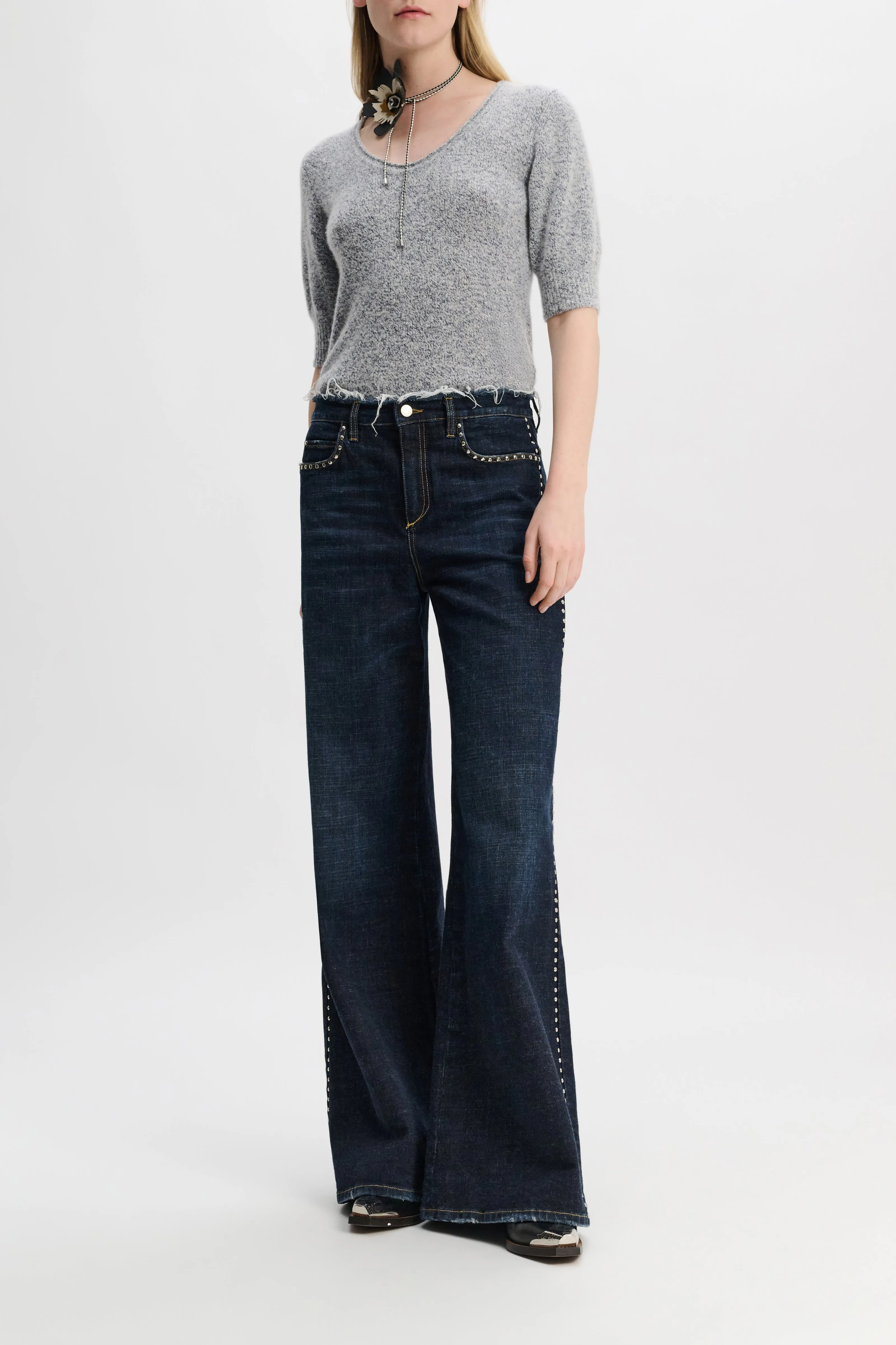 Dorothee Schumacher Cashmere Blend Short Sleeve Knit Top in Blue and White Melange