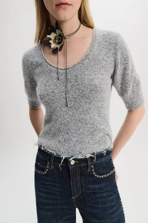 Dorothee Schumacher Cashmere Blend Short Sleeve Knit Top in Blue and White Melange