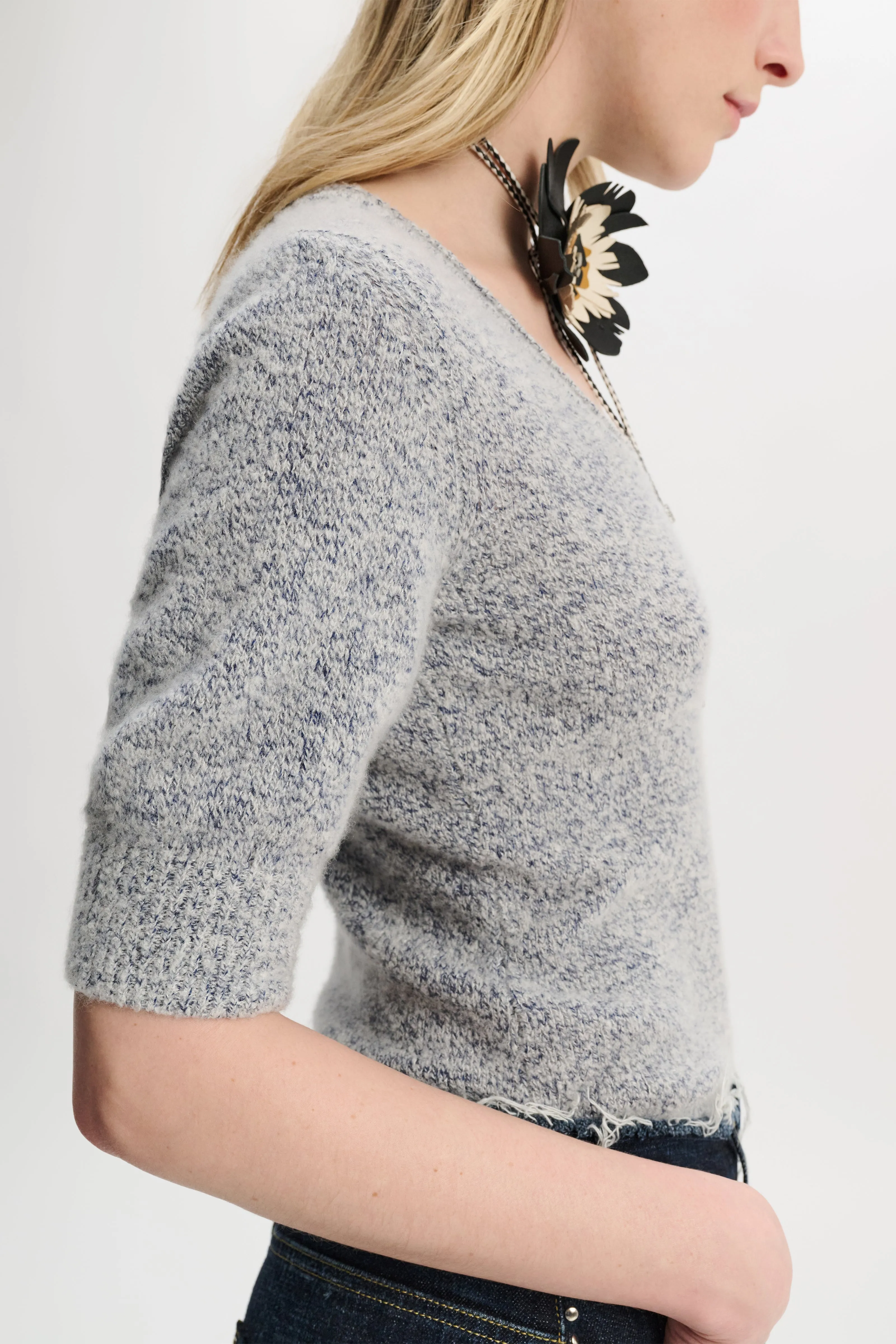 Dorothee Schumacher Cashmere Blend Short Sleeve Knit Top in Blue and White Melange
