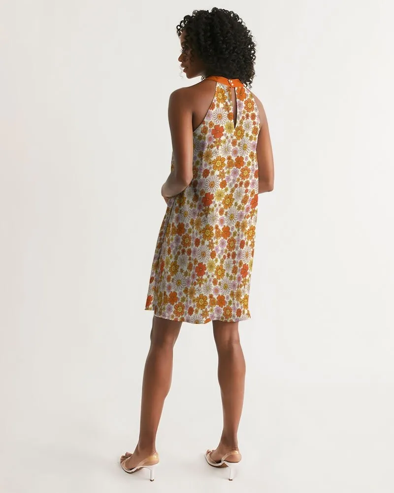 Handmade Floral Mod Dress, Halter Dress, Vintage Style Dress, Vintage inspired Dress, 60s 70s style dresses,Trapeze dress, Retro Dress women