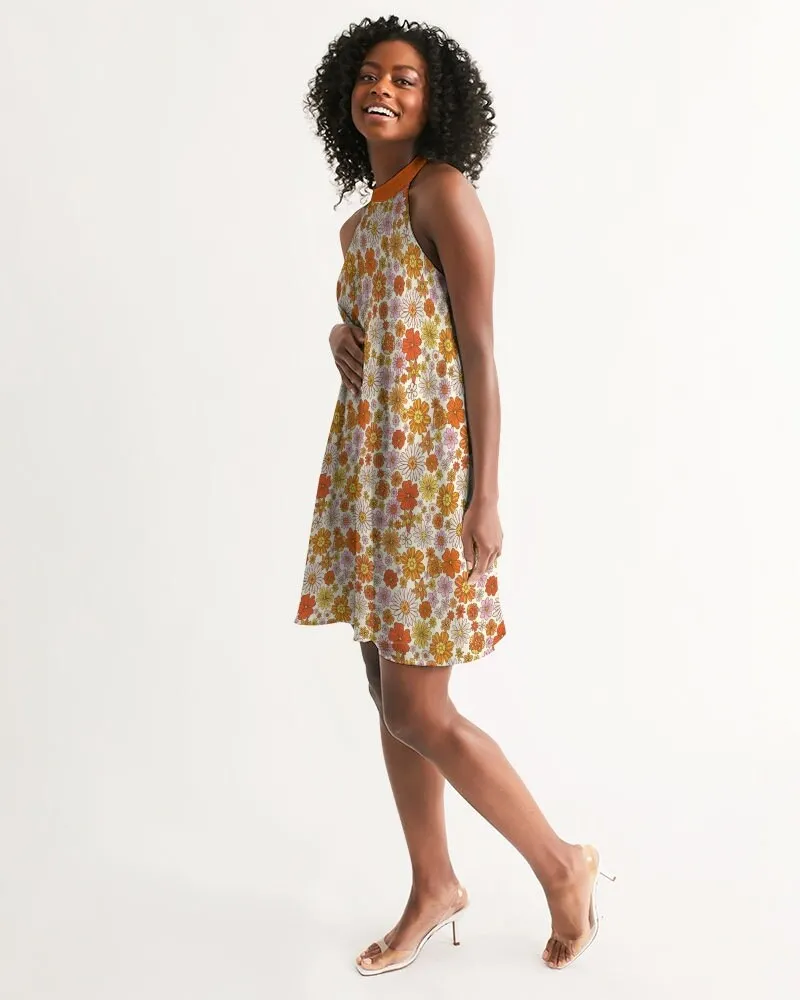 Handmade Floral Mod Dress, Halter Dress, Vintage Style Dress, Vintage inspired Dress, 60s 70s style dresses,Trapeze dress, Retro Dress women