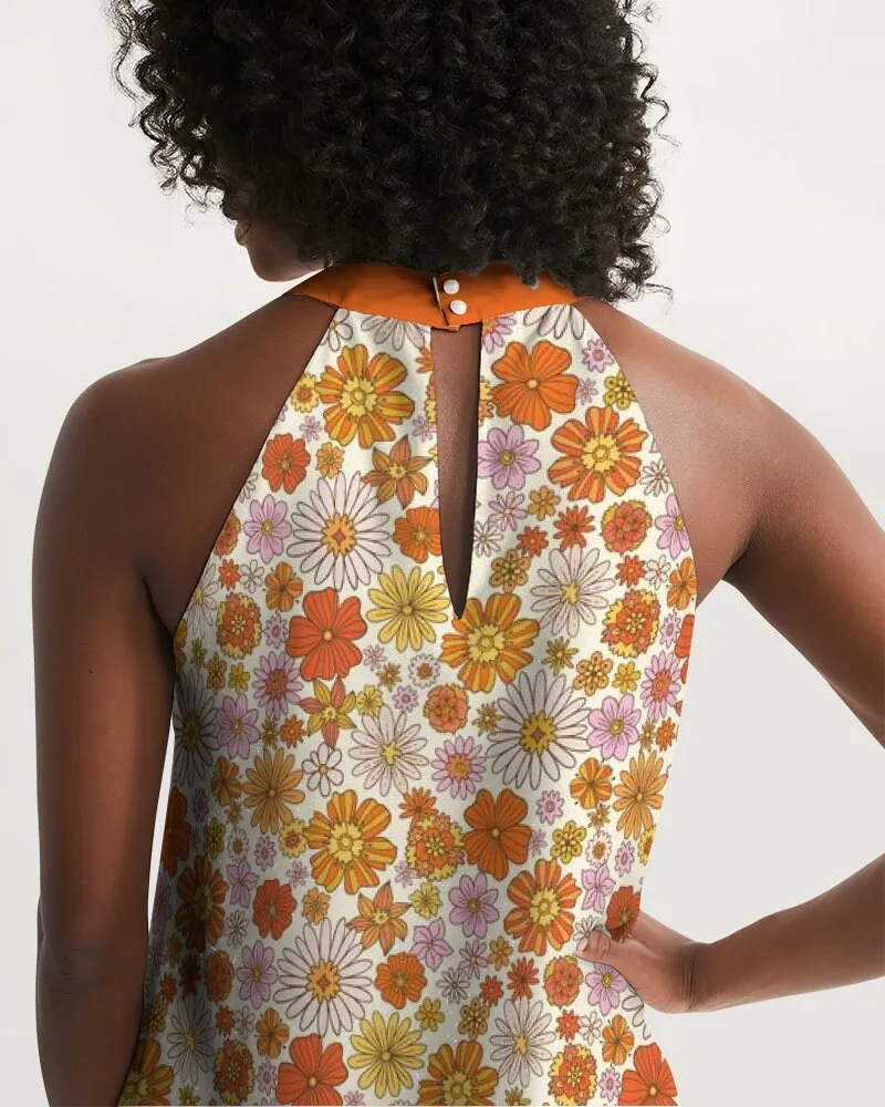 Handmade Floral Mod Dress, Halter Dress, Vintage Style Dress, Vintage inspired Dress, 60s 70s style dresses,Trapeze dress, Retro Dress women