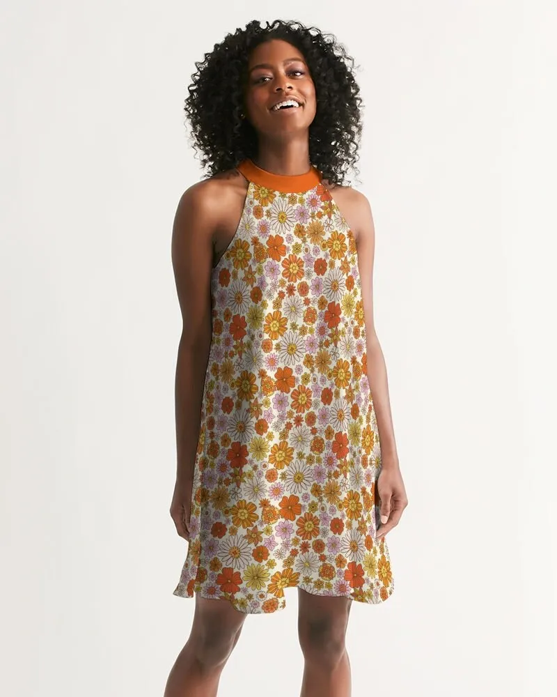 Handmade Floral Mod Dress, Halter Dress, Vintage Style Dress, Vintage inspired Dress, 60s 70s style dresses,Trapeze dress, Retro Dress women