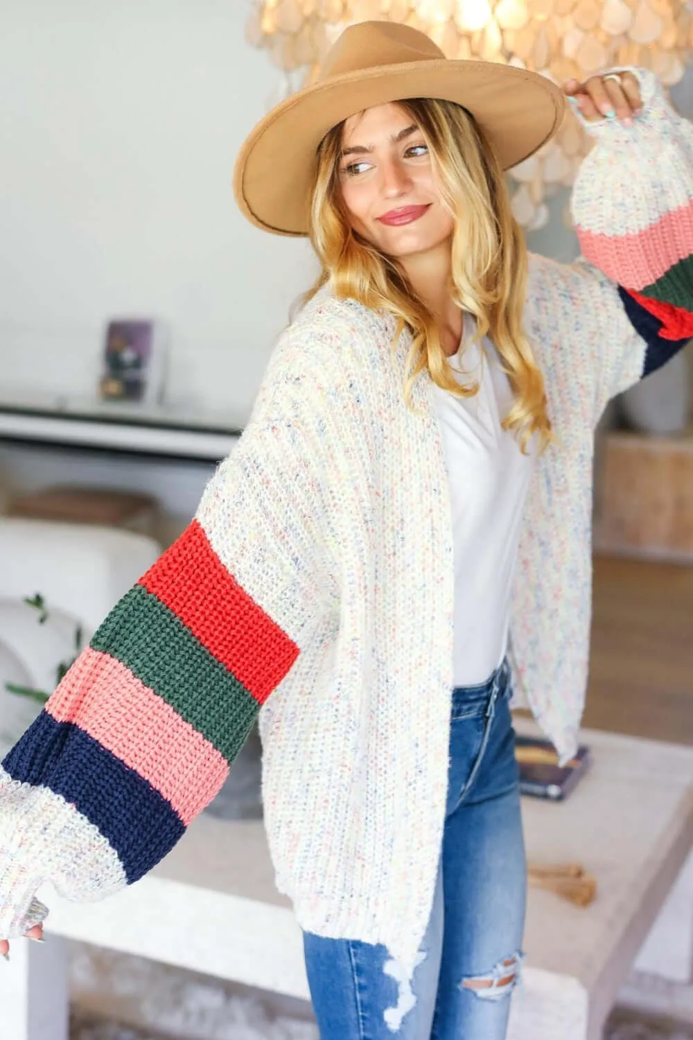 Ivory Color Block Open Front Cardigan