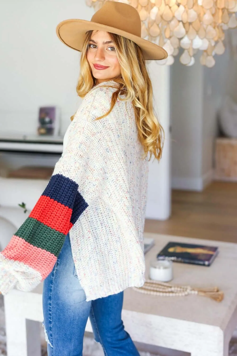 Ivory Color Block Open Front Cardigan