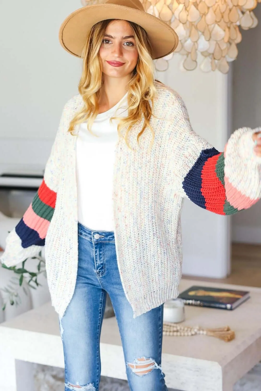 Ivory Color Block Open Front Cardigan