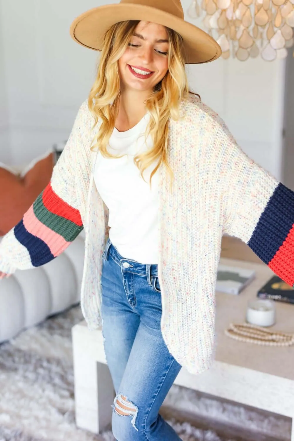 Ivory Color Block Open Front Cardigan