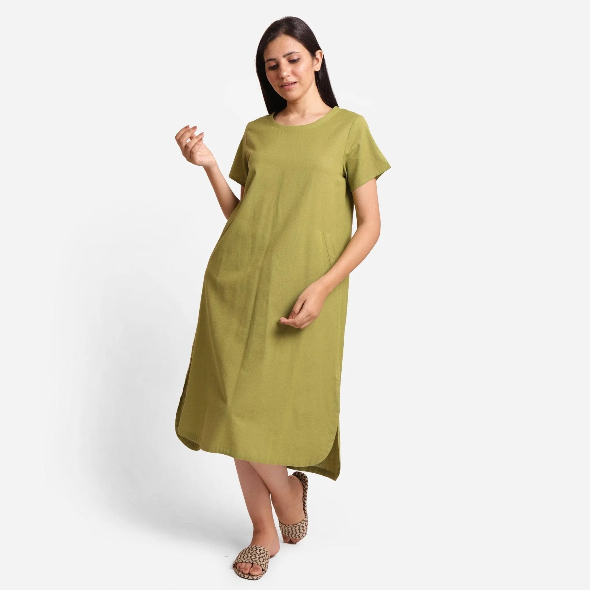 Khaki Green Cotton Flax High-Low Midi Dress