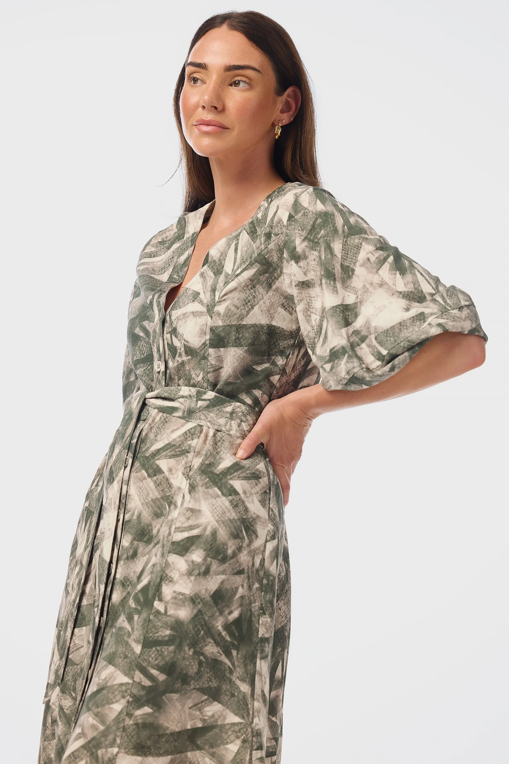 Lantern Sleeve Midi Dress - Khaki Palm