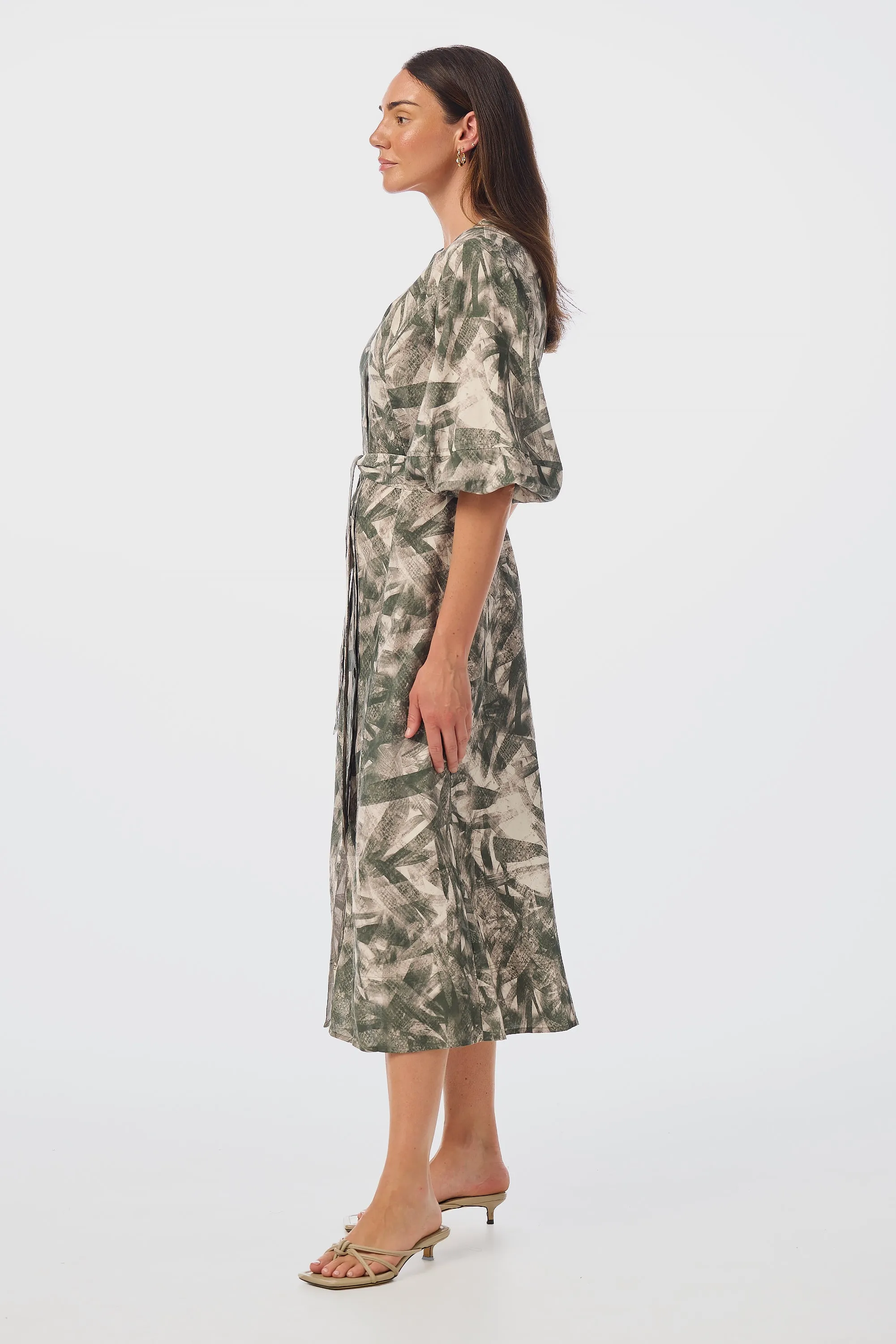 Lantern Sleeve Midi Dress - Khaki Palm