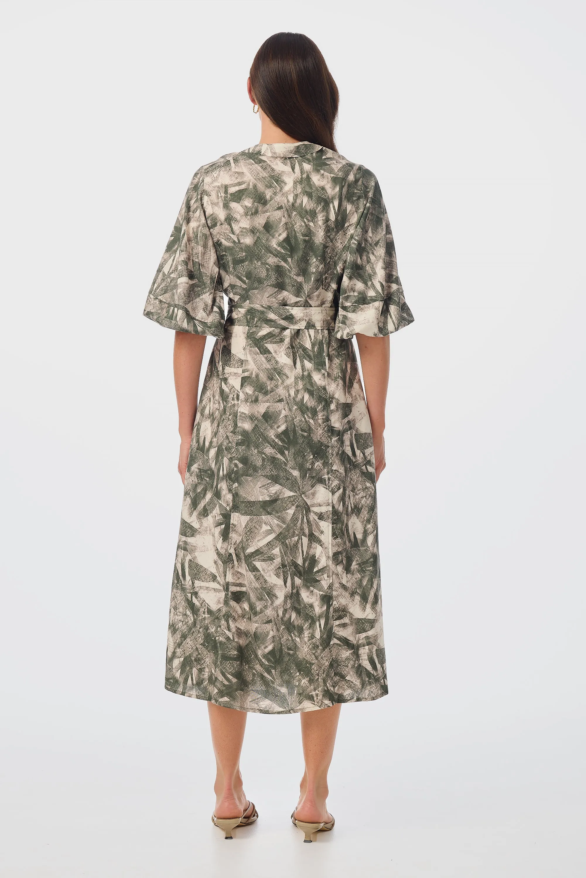 Lantern Sleeve Midi Dress - Khaki Palm