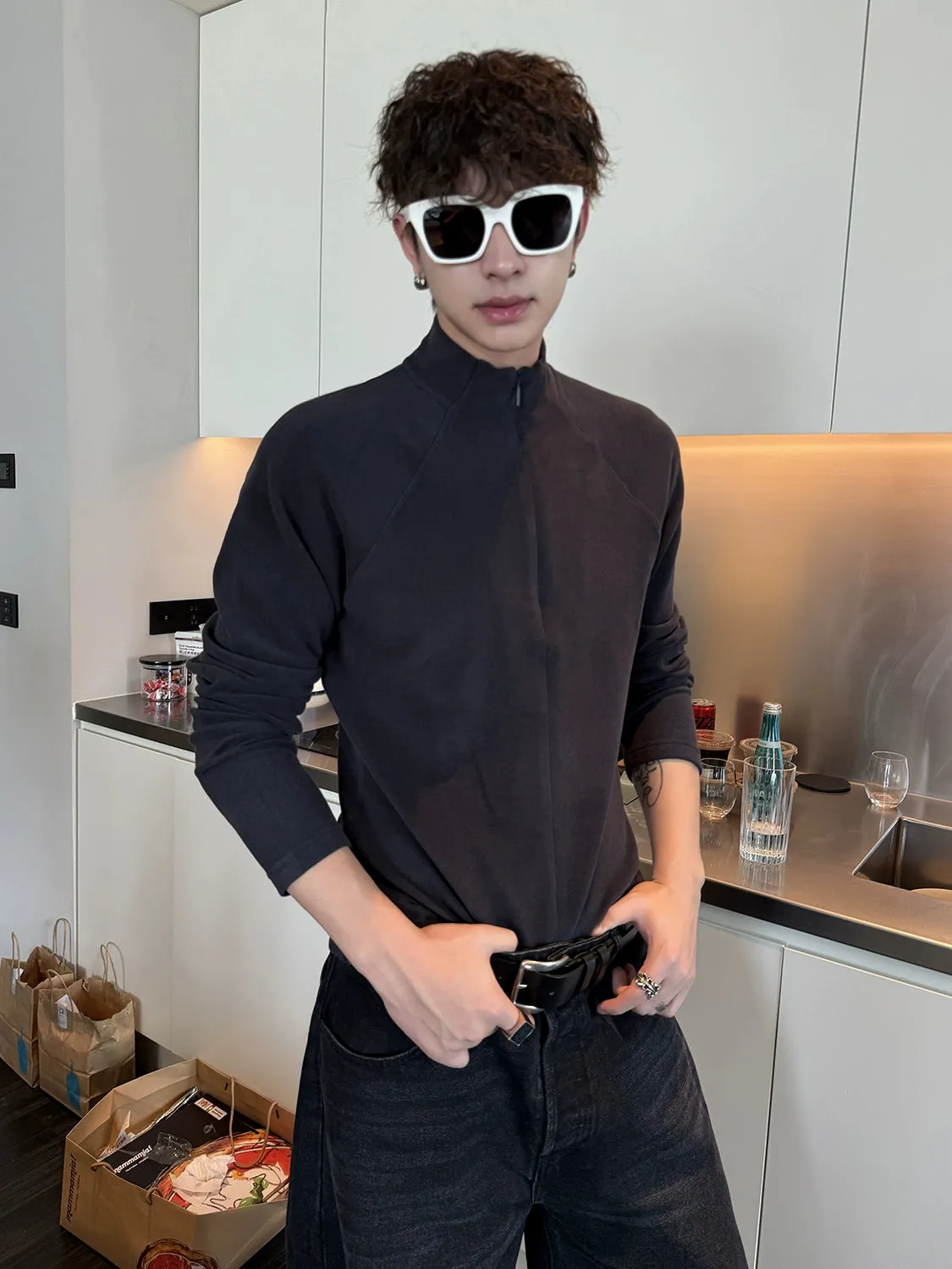 Long-Sleeve Wool Blend Zip Pullover