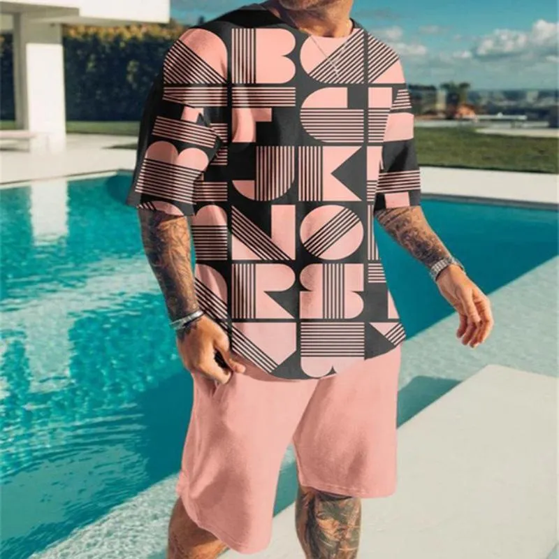 Men's Casual Printed T-shirt Shorts Beach Suit 34304541YM