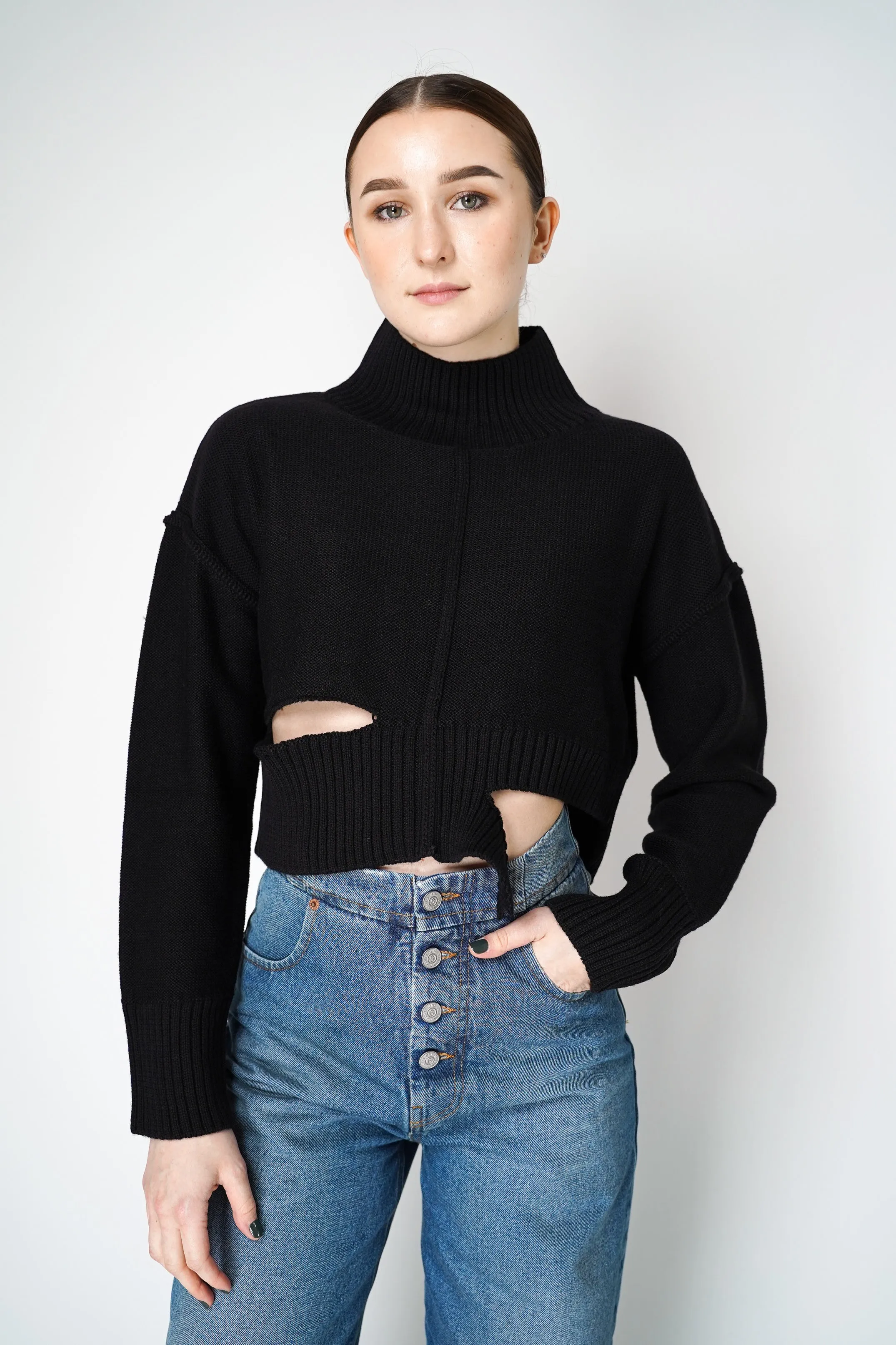 MM6 Distressed Cropped Funnel Neck Sweater in Black