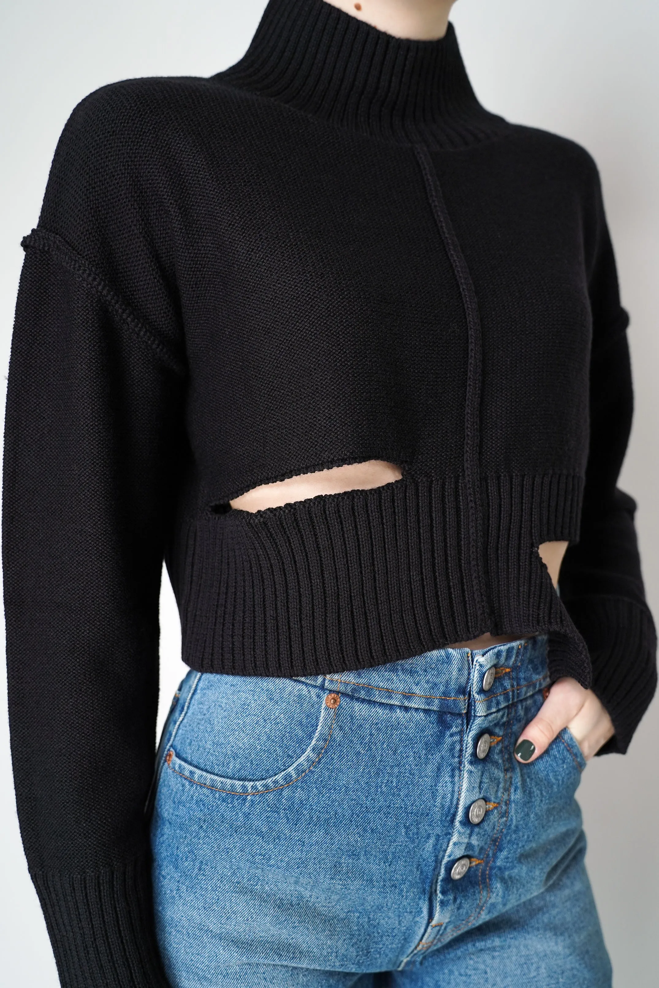 MM6 Distressed Cropped Funnel Neck Sweater in Black