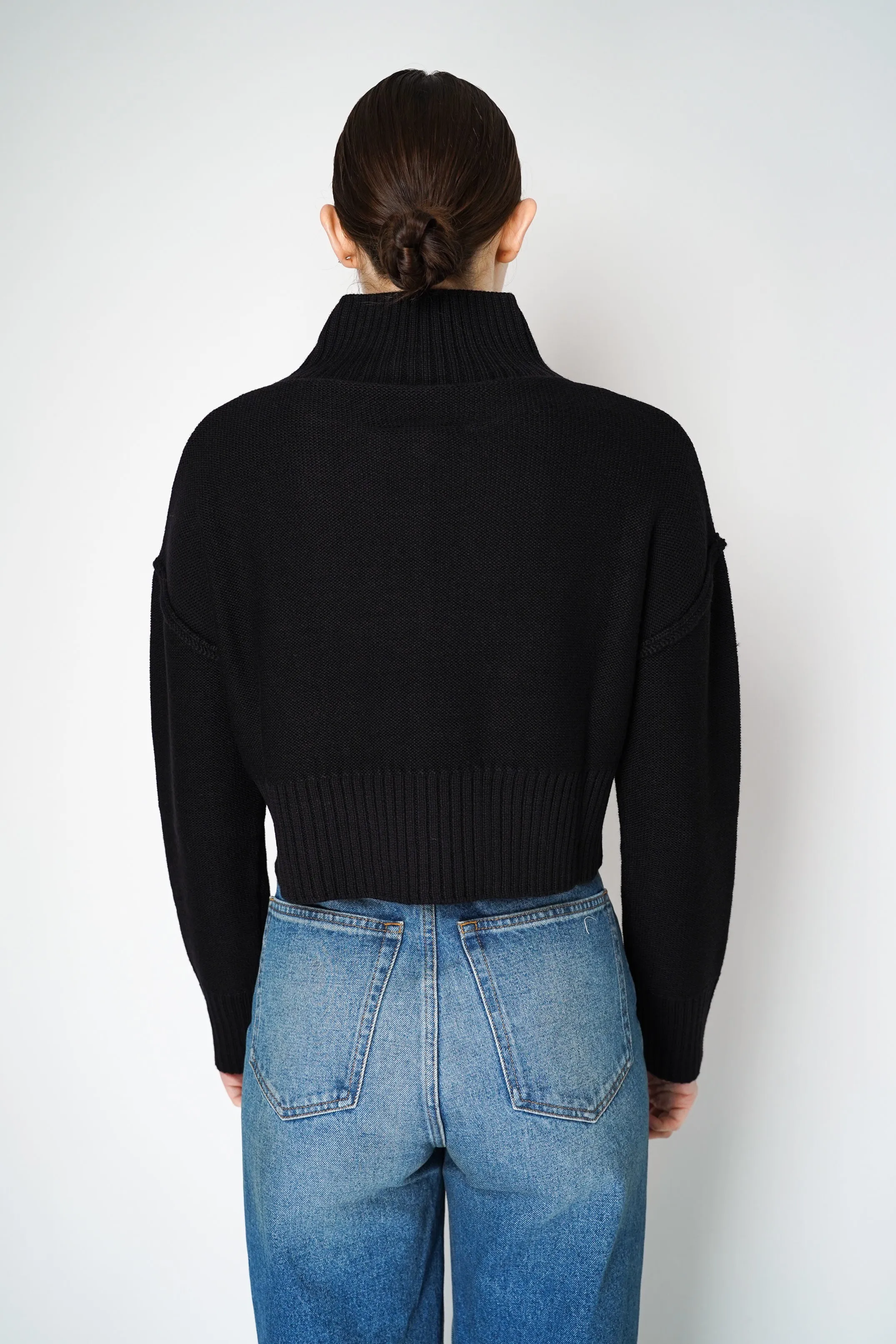 MM6 Distressed Cropped Funnel Neck Sweater in Black