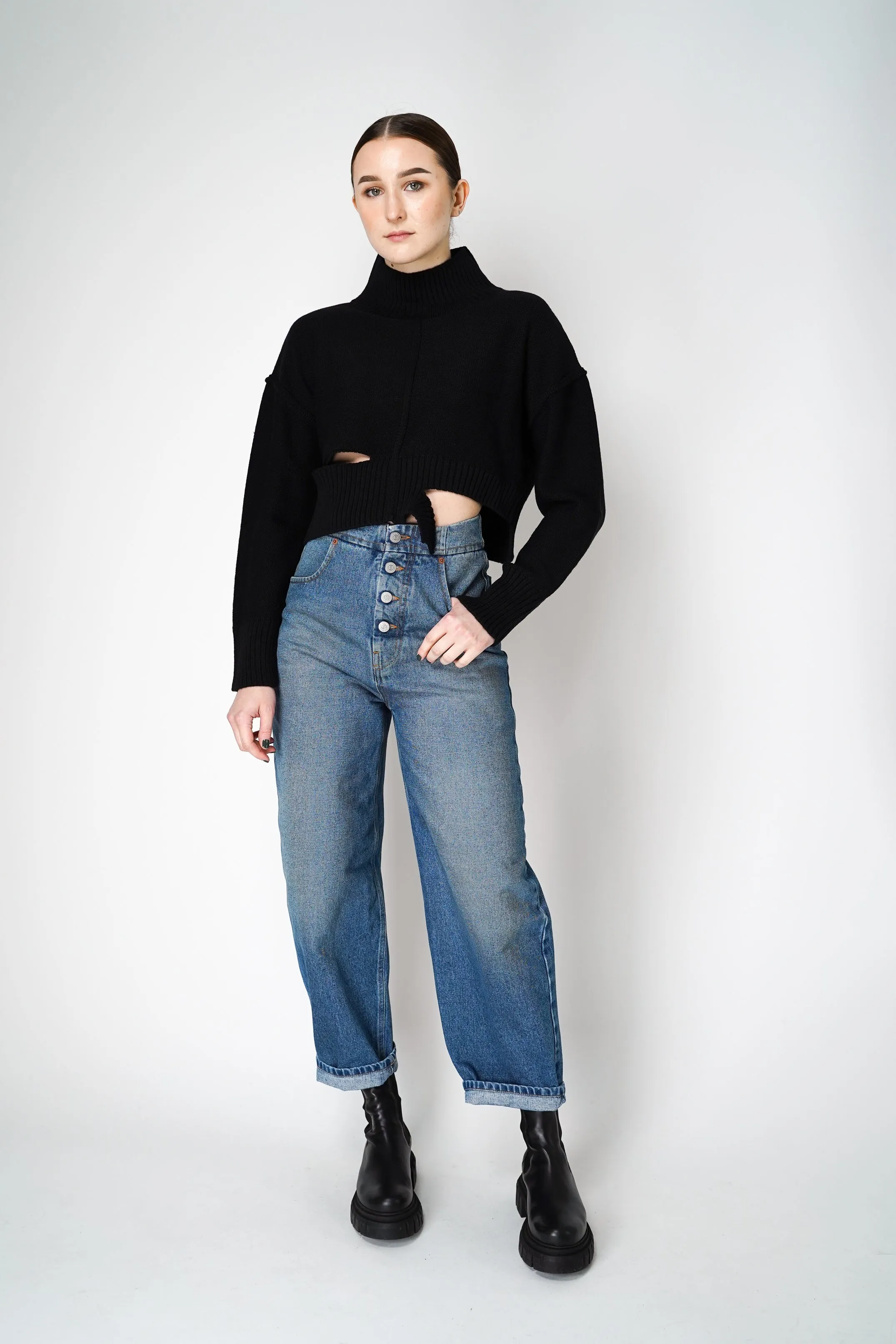 MM6 Distressed Cropped Funnel Neck Sweater in Black