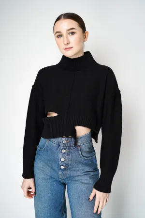 MM6 Distressed Cropped Funnel Neck Sweater in Black