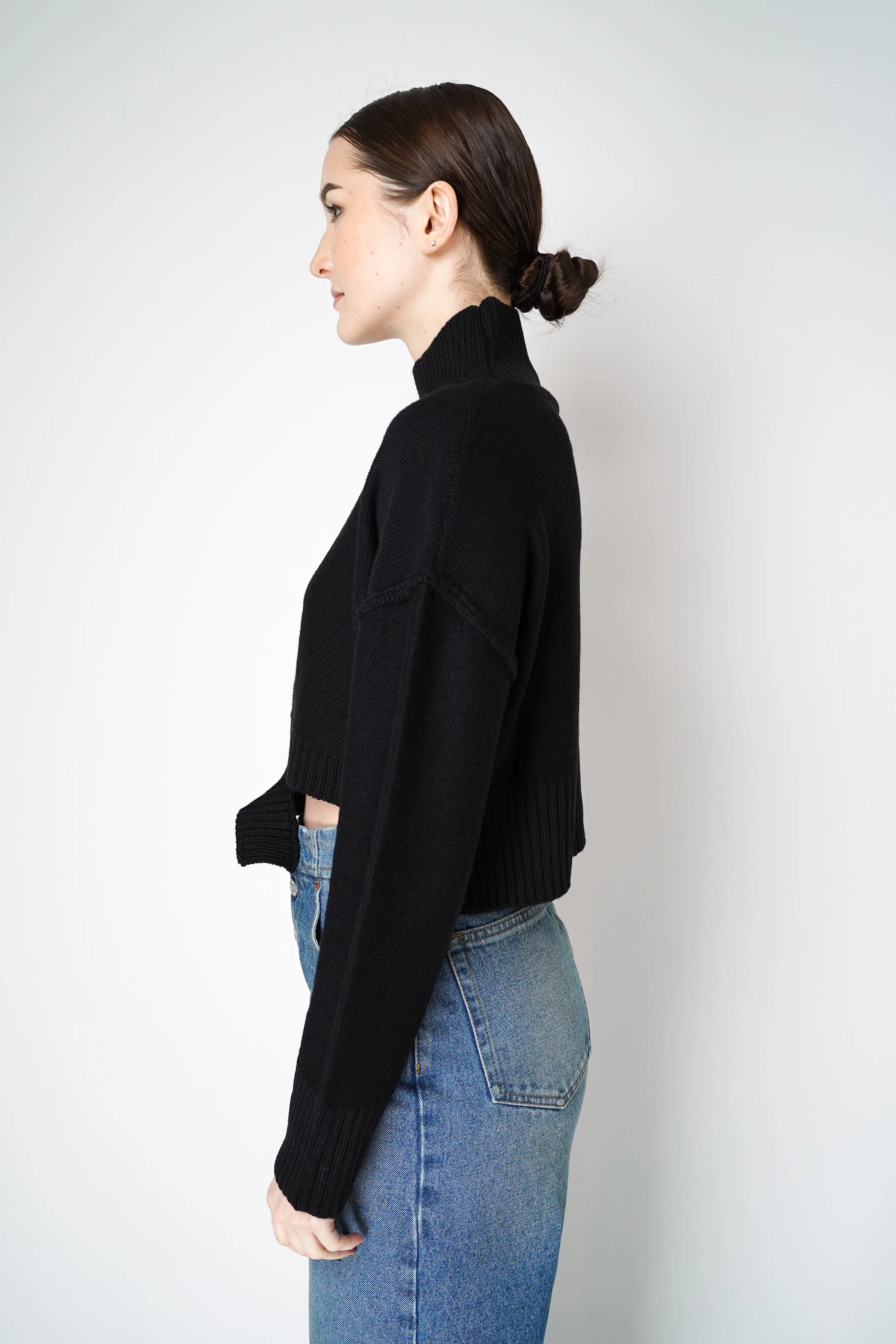 MM6 Distressed Cropped Funnel Neck Sweater in Black