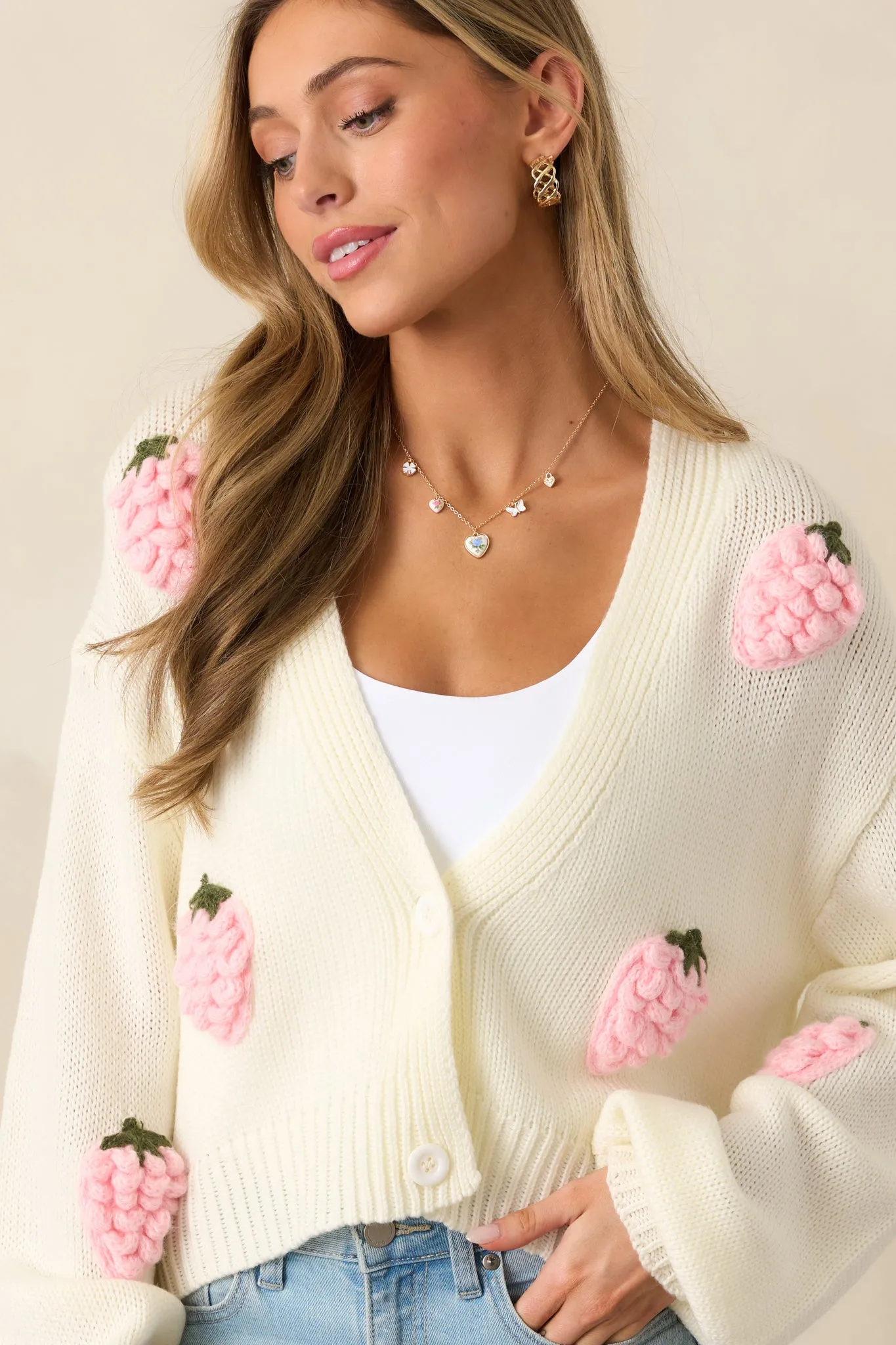 Strawberry Bliss Ivory Knit Button Front Cardigan