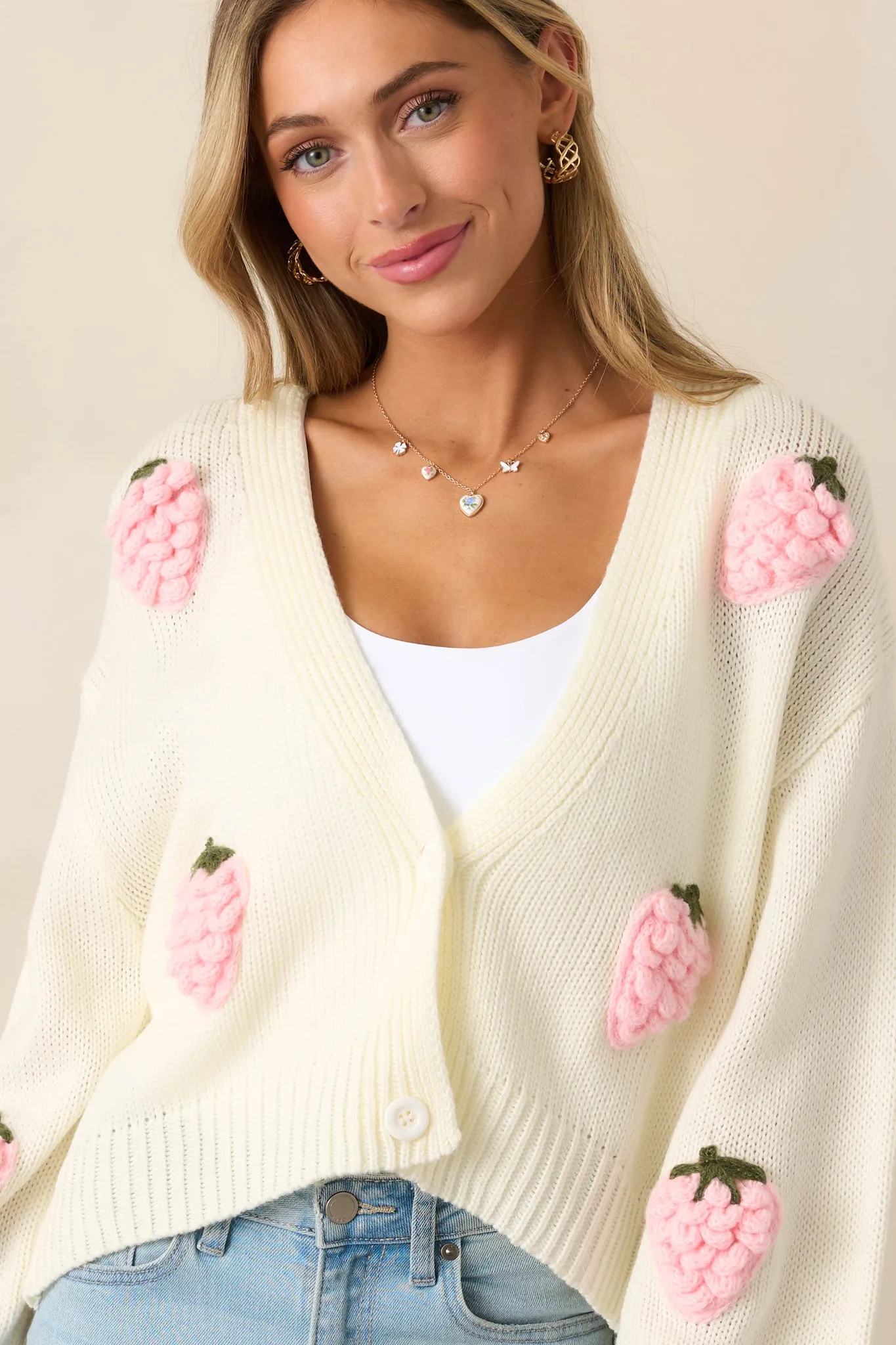 Strawberry Bliss Ivory Knit Button Front Cardigan