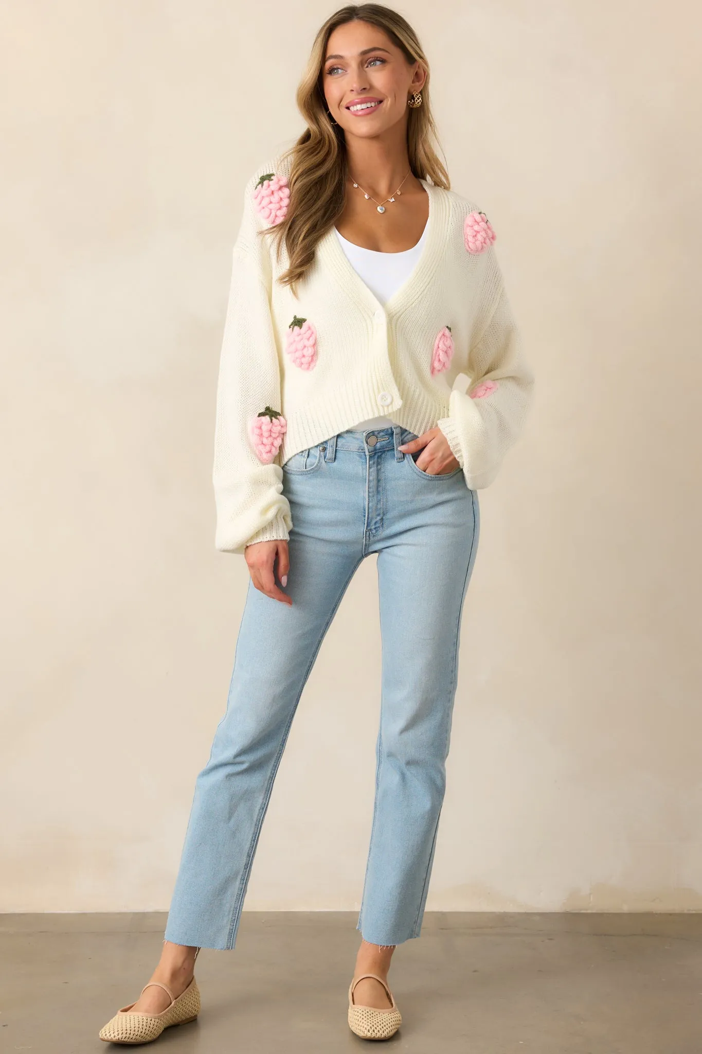 Strawberry Bliss Ivory Knit Button Front Cardigan