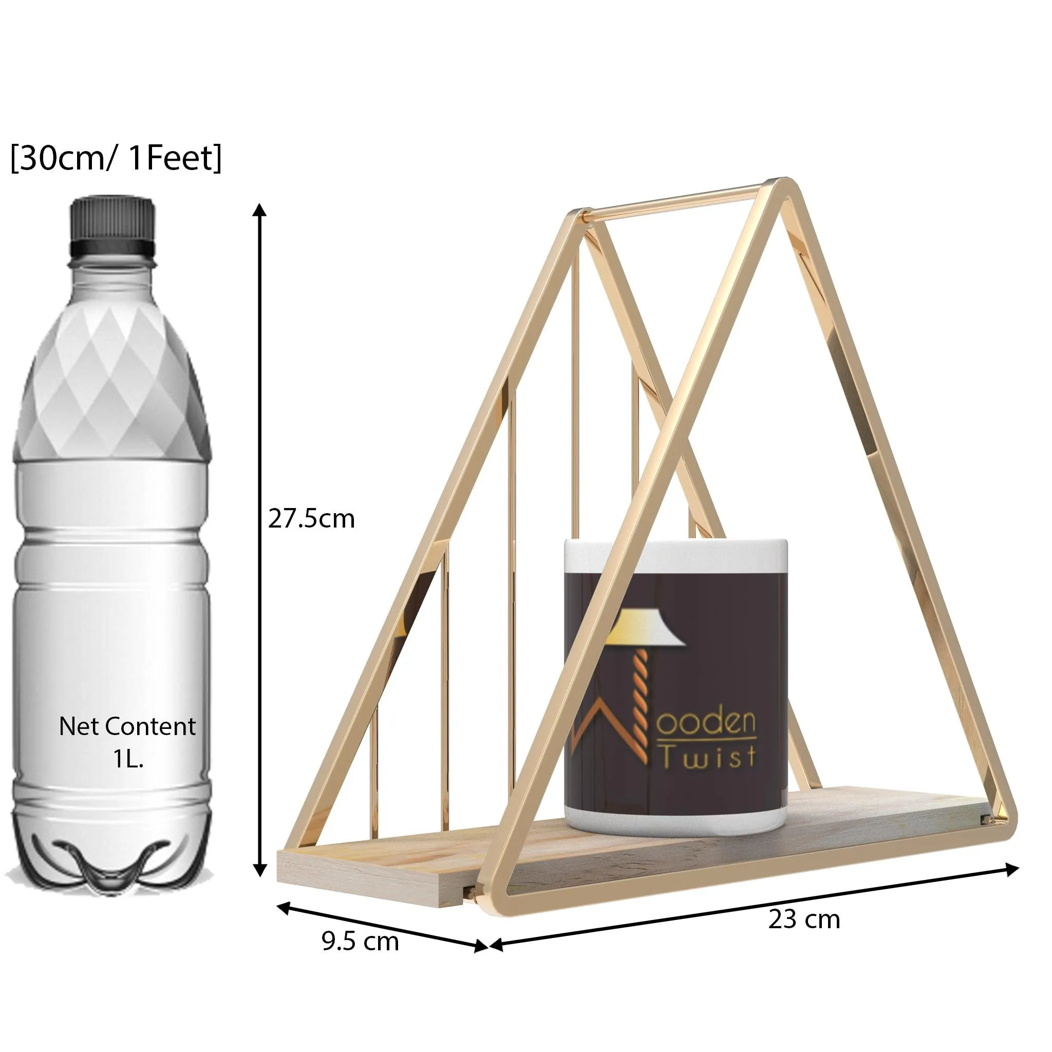 Triangle Metallic Twist Solid Wood Iron Storage Shelf (Golden )