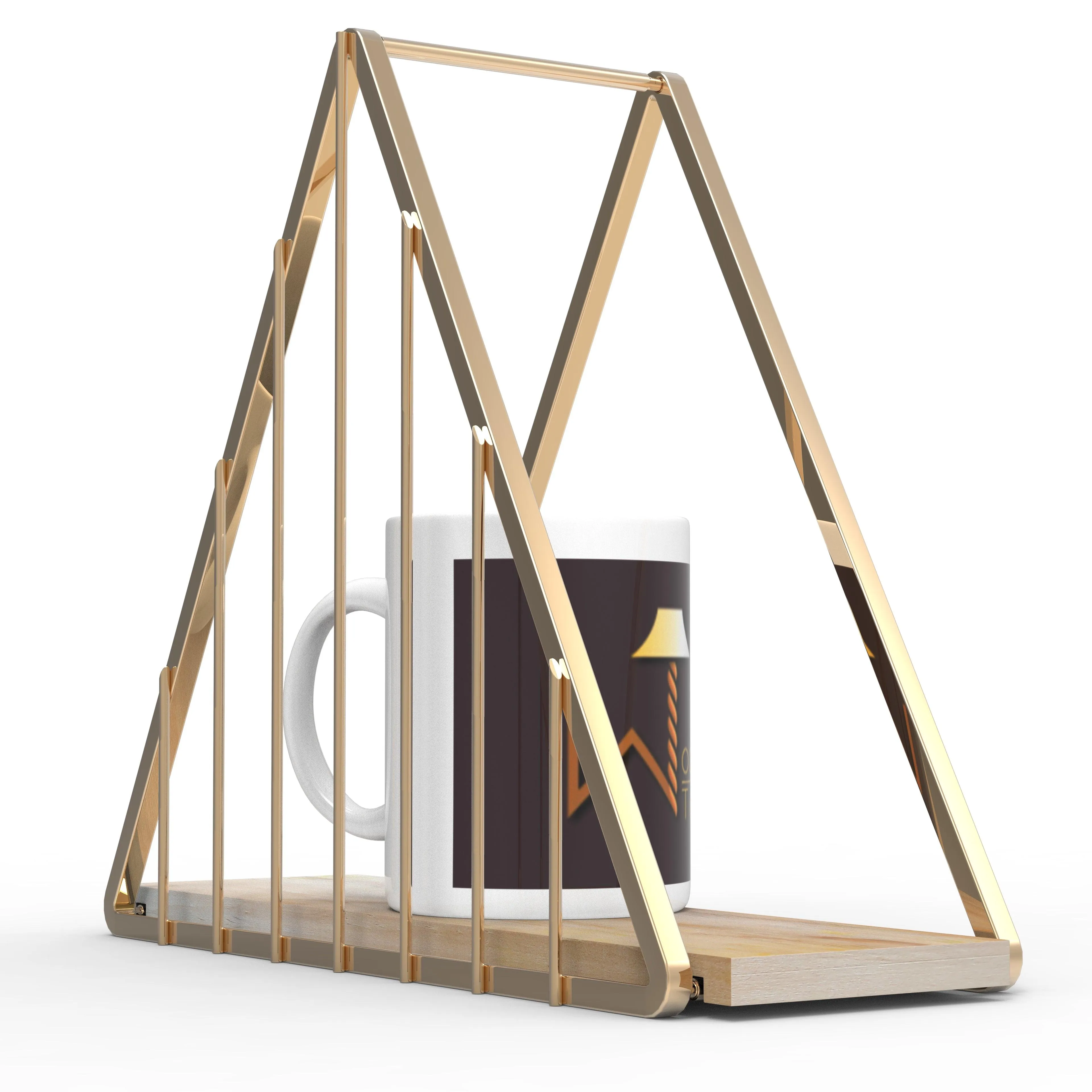 Triangle Metallic Twist Solid Wood Iron Storage Shelf (Golden )
