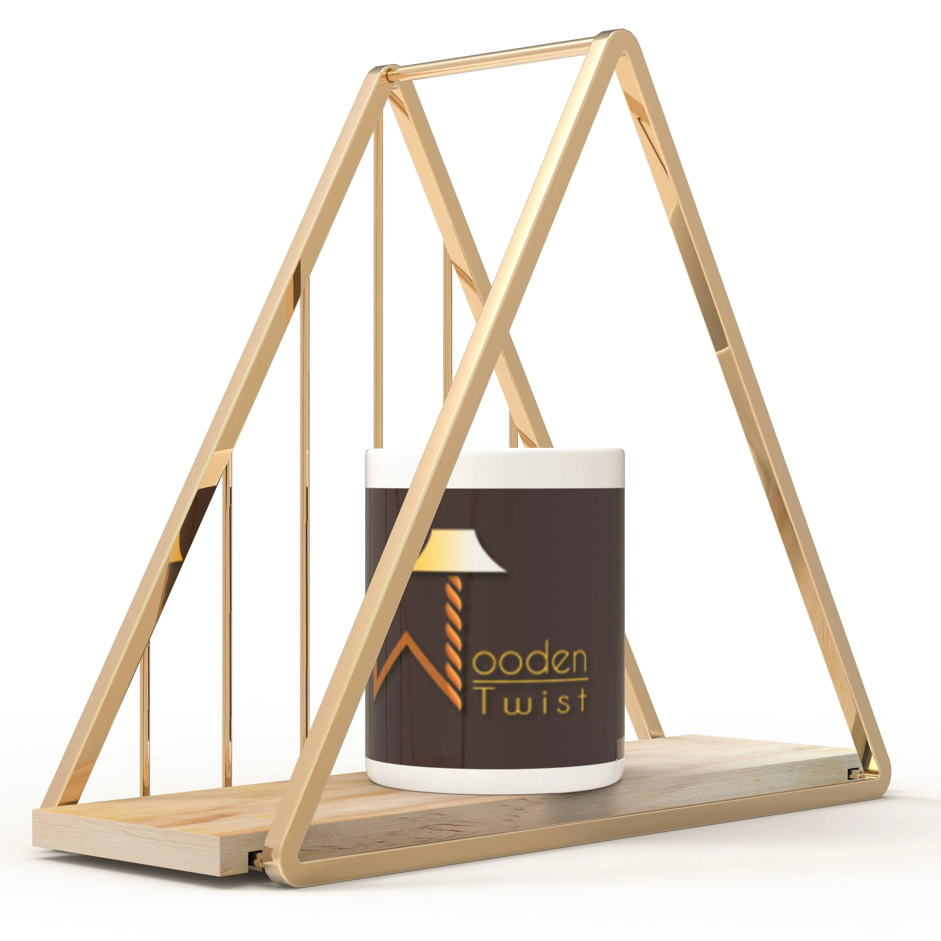 Triangle Metallic Twist Solid Wood Iron Storage Shelf (Golden )