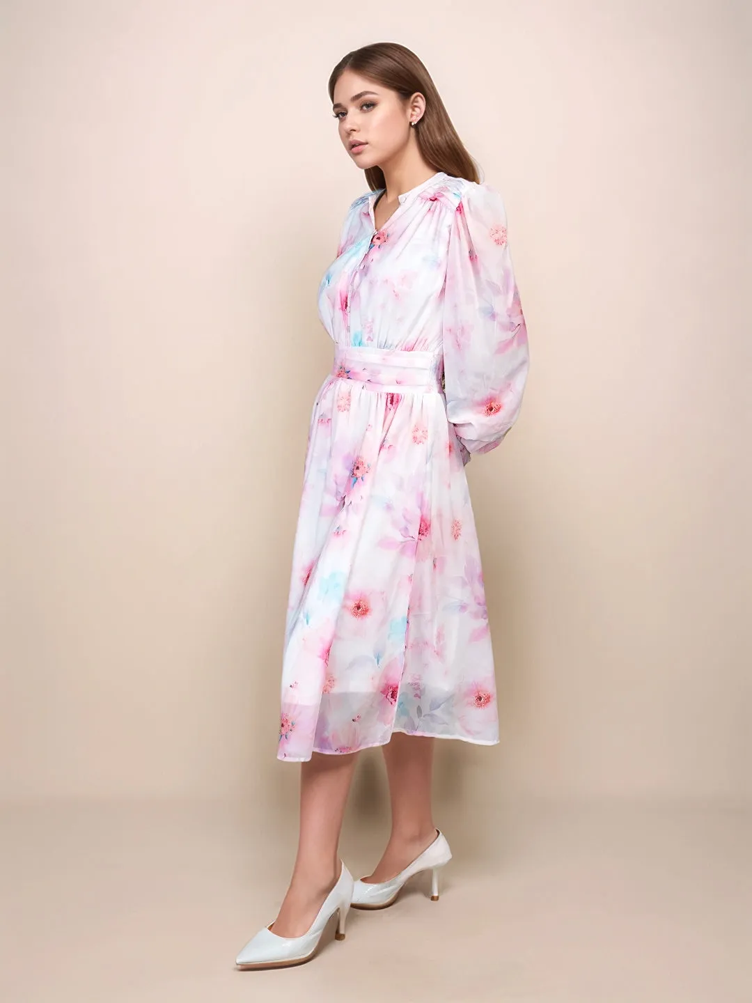 White Floral Prints Relaxed Fit Midi Dress