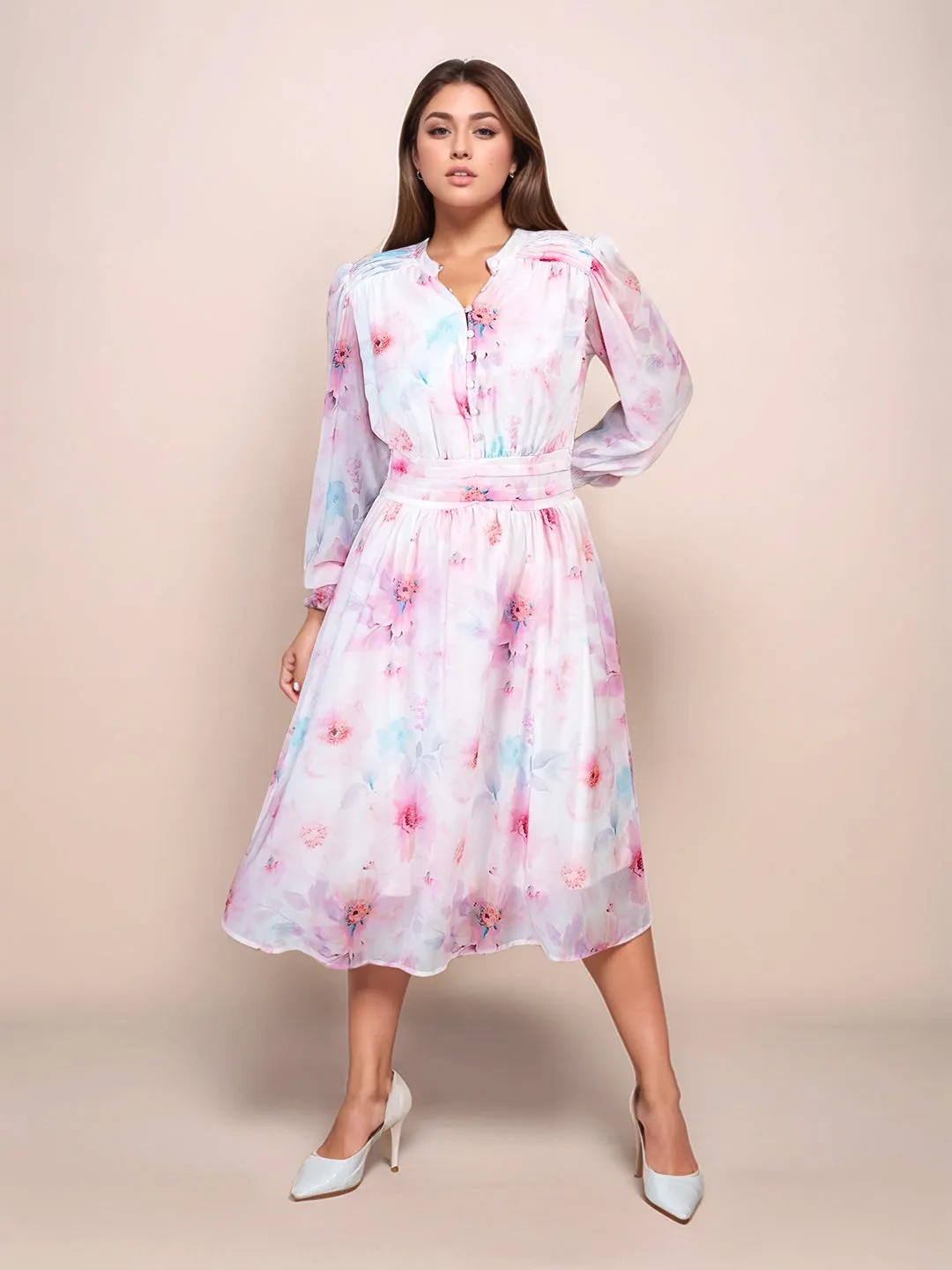 White Floral Prints Relaxed Fit Midi Dress