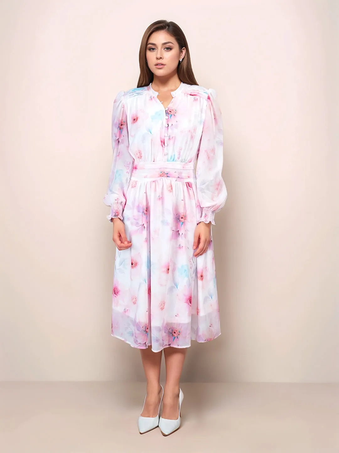 White Floral Prints Relaxed Fit Midi Dress