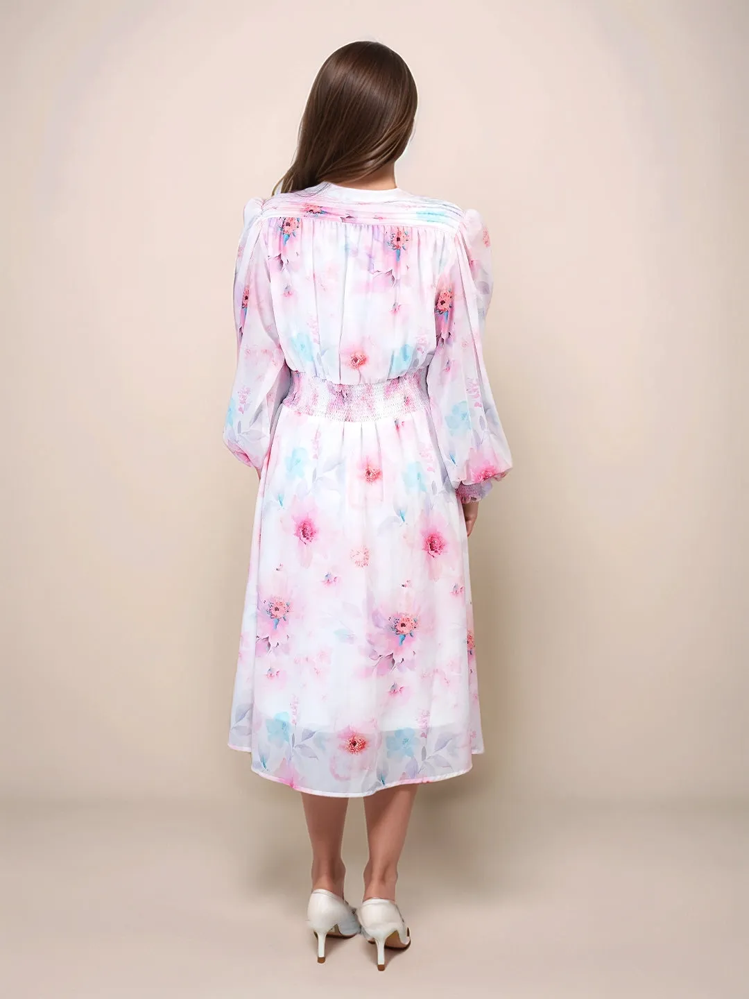 White Floral Prints Relaxed Fit Midi Dress