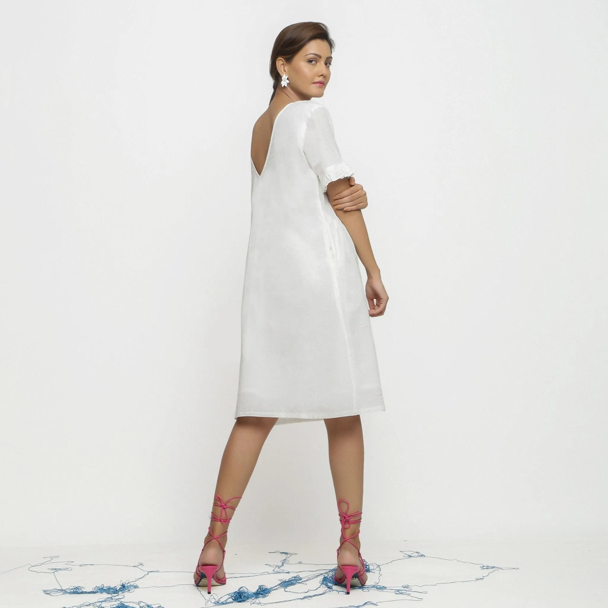 White Hand-Embroidered Organic Cotton Knee Length Shift Dress