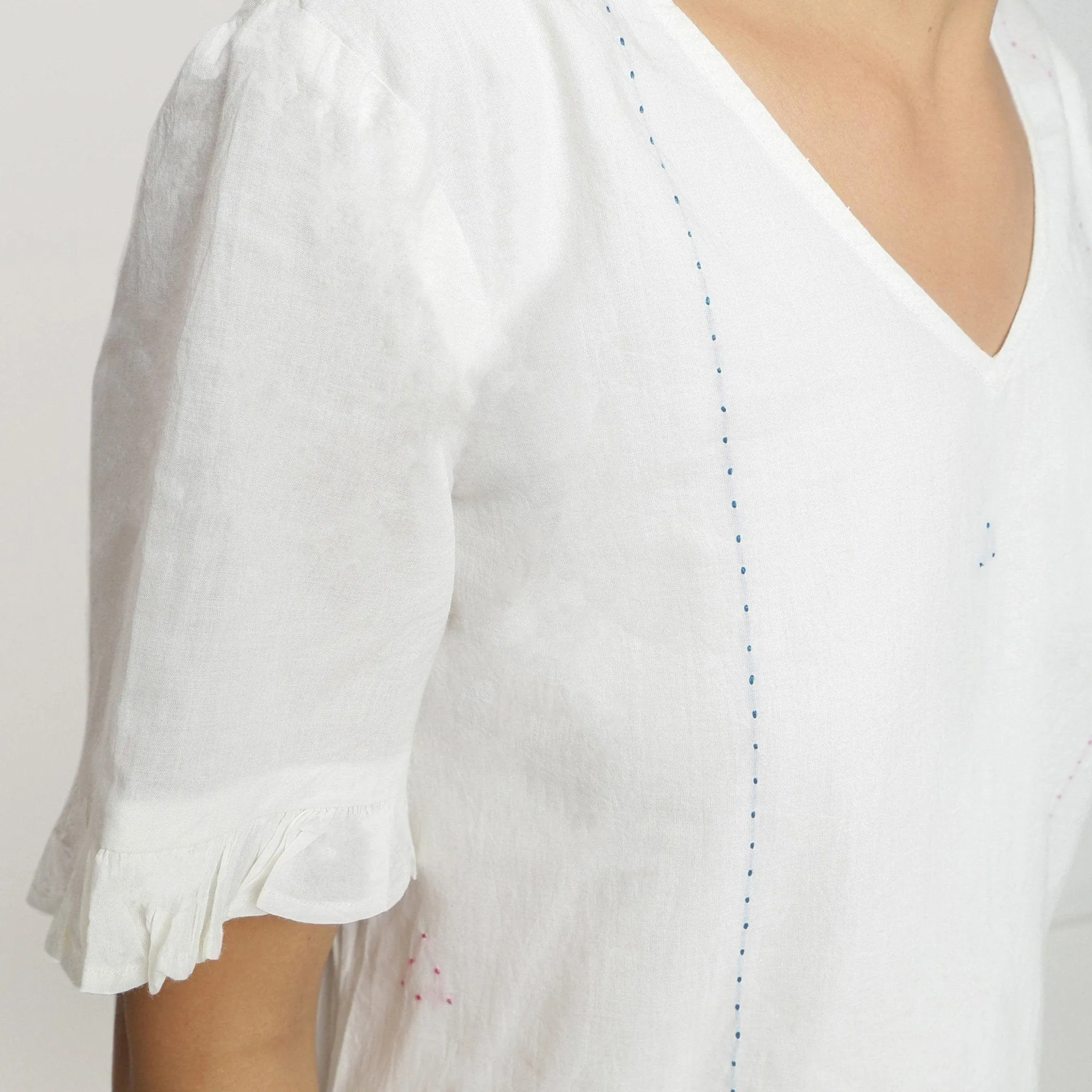 White Hand-Embroidered Organic Cotton Knee Length Shift Dress