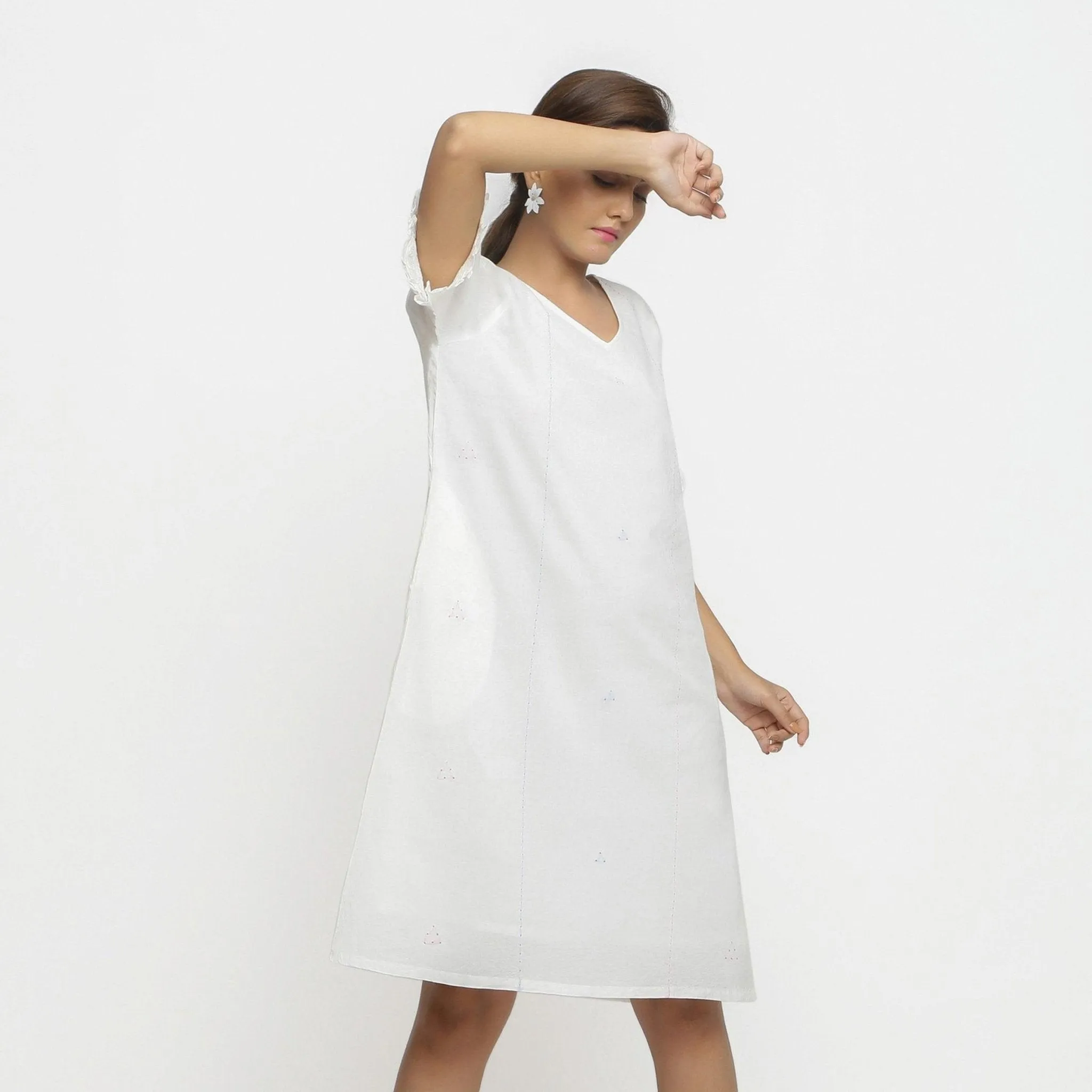 White Hand-Embroidered Organic Cotton Knee Length Shift Dress